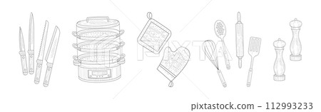 Kitchen Tool and Equipment Hand Drawn Linear Vector Set 112993233