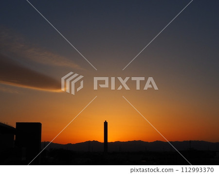 The sun sets over the cityscape The sun sets over the cityscape 112993370