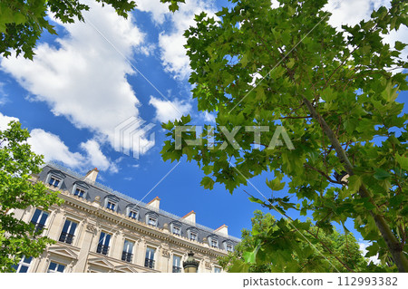 Paris, France. Buildings and trees on Place Charles de Gaulle. Photographed on June 11, 2022. Paris, France. Buildings and trees on Place Charles de Gaulle. Photographed on June 11, 2022. 112993382