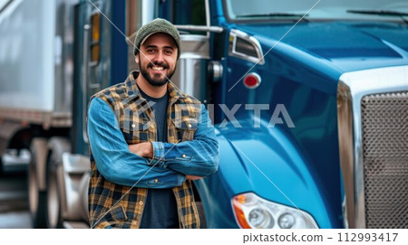 Happy confident male driver standing in front on his truck and looking at camera 112993417