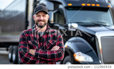 Happy confident male driver standing in front on his truck and looking at camera 112993419