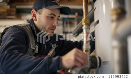 Professional Caucasian Plumber Repairing Tank Water Heater in Boiler Room of Commercial Building. Heating Equipment Maintenance Theme Professional Caucasian Plumber Repairing Tank Water Heater in Boiler Room of Commercial Building. Heating Equipment Maintenance Theme 112993432
