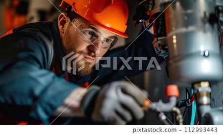 Professional Caucasian Plumber Repairing Tank Water Heater in Boiler Room of Commercial Building. Heating Equipment Maintenance Theme Professional Caucasian Plumber Repairing Tank Water Heater in Boiler Room of Commercial Building. Heating Equipment Maintenance Theme 112993443