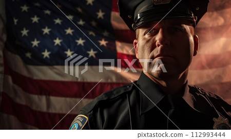 American policeman, background is USA flag American policeman, background is USA flag 112993444