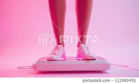 Close up of a woman standing barefoot on a scale. 112993450