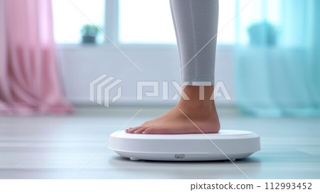 Close up of a woman standing barefoot on a scale. 112993452