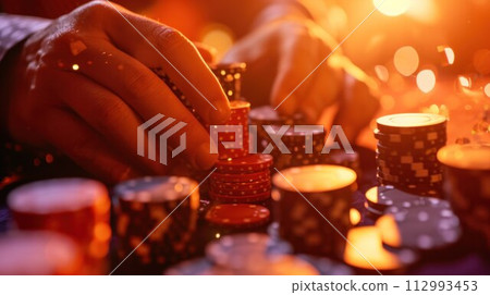 casino, gambling, poker, people and entertainment concept - close up of poker player with chips casino, gambling, poker, people and entertainment concept - close up of poker player with chips 112993453