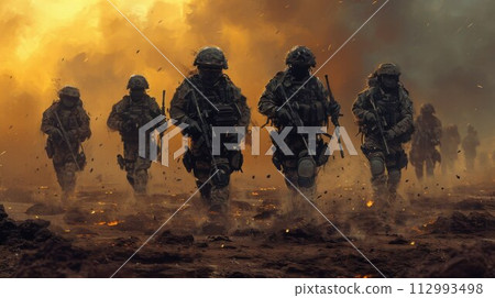 Special operations forces soldier, army ranger or commando in camo uniform, helmet and ballistic glasses walking at battlefield covered with smoke Special operations forces soldier, army ranger or commando in camo uniform, helmet and ballistic glasses walking at battlefield covered with smoke 112993498