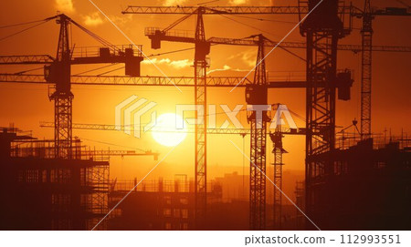 Construction cranes above the unfinished residential building against sunshine. Housing construction, apartment block in city 112993551