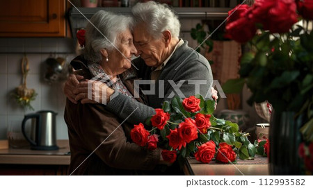 Flower bouquet, hug and senior couple with smile for celebration of marriage in kitchen of their house. 112993582