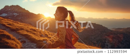 Sporty mountain woman rides in trail during endurance trail Sporty mountain woman rides in trail during endurance trail 112993594