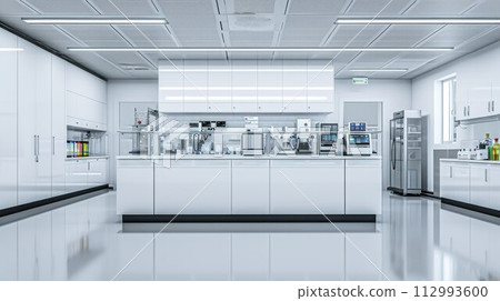 Modern Empty Biological Applied Science Laboratory with Technological Microscopes, Glass Test Tubes, Micropipettes 112993600