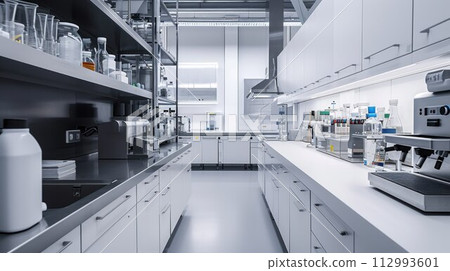 Modern Empty Biological Applied Science Laboratory with Technological Microscopes, Glass Test Tubes, Micropipettes 112993601