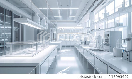 Modern Empty Biological Applied Science Laboratory with Technological Microscopes, Glass Test Tubes, Micropipettes 112993602
