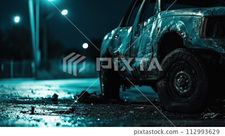 Car crashed heavily in road accident after collision on city street at night. Road safety and insurance concept Car crashed heavily in road accident after collision on city street at night. Road safety and insurance concept 112993629