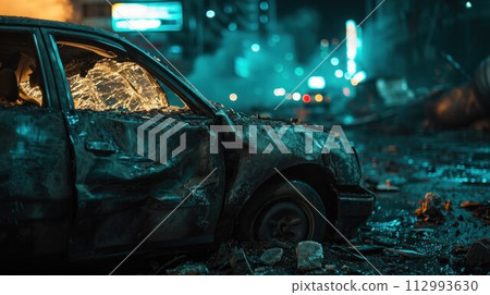 Car crashed heavily in road accident after collision on city street at night. Road safety and insurance concept Car crashed heavily in road accident after collision on city street at night. Road safety and insurance concept 112993630