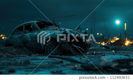 Car crashed heavily in road accident after collision on city street at night. Road safety and insurance concept Car crashed heavily in road accident after collision on city street at night. Road safety and insurance concept 112993631