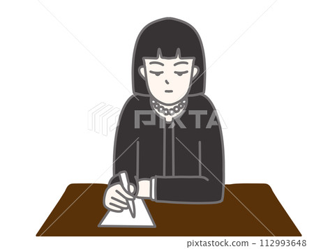 A woman wearing a black suit and writing A woman wearing a black suit and writing 112993648