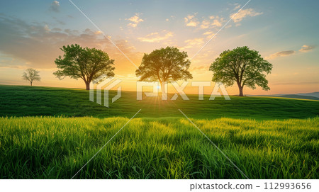 Three Trees Standing on a Green Hill at Sunset 112993656