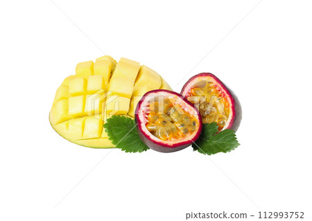 Concept of delicious and juicy exotic fruits, isolated on white background 112993752