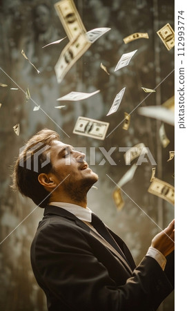 AI Generated businessman catching flying dollar banknotes. AI Generated businessman catching flying dollar banknotes. 112993774