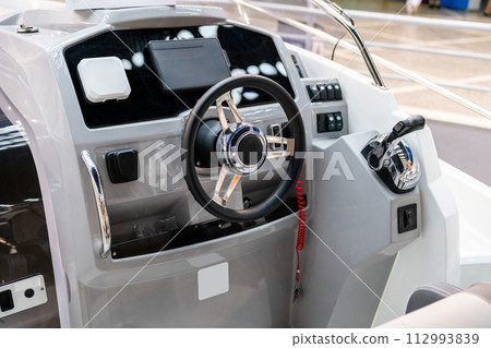 Cockpit of luxury yacht with dashboard. Cockpit of luxury yacht with dashboard. 112993839