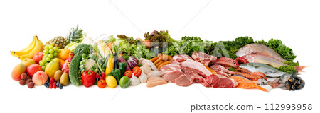 肉、魚、蔬菜、水果收藏白色背景 肉、魚、蔬菜、水果收藏白色背景 112993958