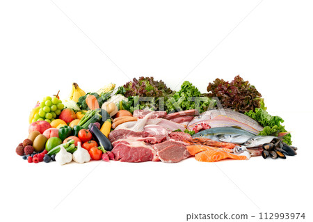 Meat, fish, vegetables, fruits collection white background 112993974