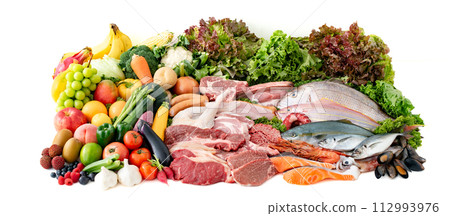 肉、魚、蔬菜、水果收藏白色背景 112993976