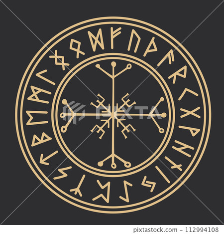 Rune circle gold Icelandic celtic viking talisman Navigation Compass, frame occult amulet, tribal norse writng isolated on dark background. 112994108