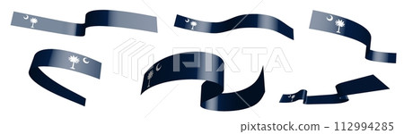 Set of holiday ribbons. Flag of american state of South Carolina waving in wind. Separation into lower and upper layers. Design element. Vector on white background 112994285
