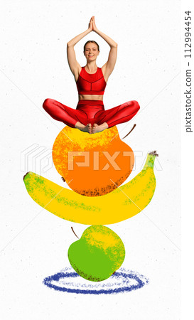 Slim positive young woman in sportswear doing yoga, sitting on fruits in lotus pose and training. Creative conceptual collage. Slim positive young woman in sportswear doing yoga, sitting on fruits in lotus pose and training. Creative conceptual collage. 112994454
