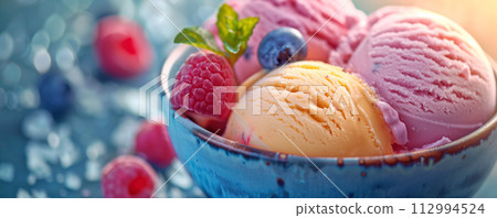 Blue bowl with colorful balls of ice-cream in it. Banner, wallpaper and background concept. 112994524