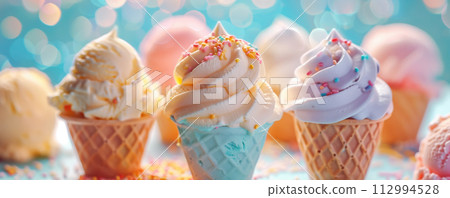 Panorama with a lot of cones of ice-cream on the bright background. 112994528