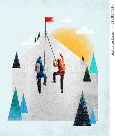 People going mountaineering with specialized equipment and clothes, climbing upwards the mountain and reaching top of the peak. Contemporary art collage 112994530