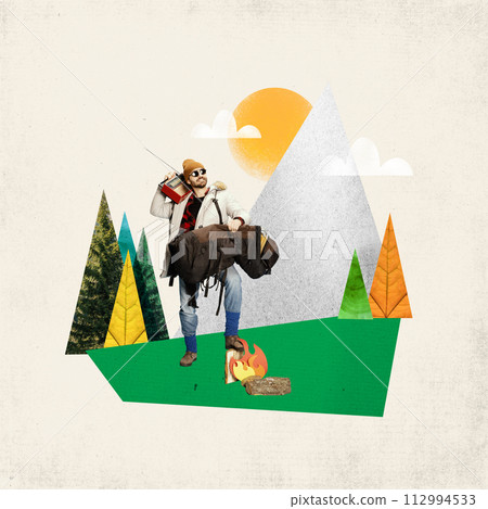 Man with camping gear, fire, trees, mountains and sun on textured background. Contemporary art collage. Comfortable tourism Man with camping gear, fire, trees, mountains and sun on textured background. Contemporary art collage. Comfortable tourism 112994533