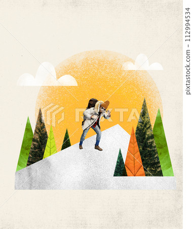 Smiling man with backpack and glasses going hiking on forest with abstract background. Climbing upwards the mountain. Contemporary art collage 112994534
