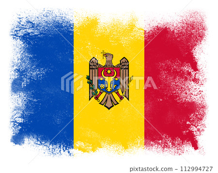 Republic of Moldova country Flag design composed of exploding powder and paint isolated on white background 112994727