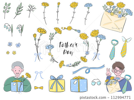 父親節，康乃馨和爸爸帶禮物和裝飾品，簡單的手繪插圖集 112994771