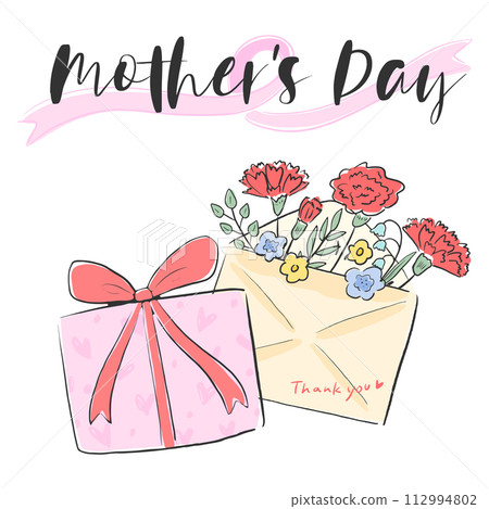 Gift box and red carnation flowers, decoration, cute hand drawn illustration for mother's day 112994802