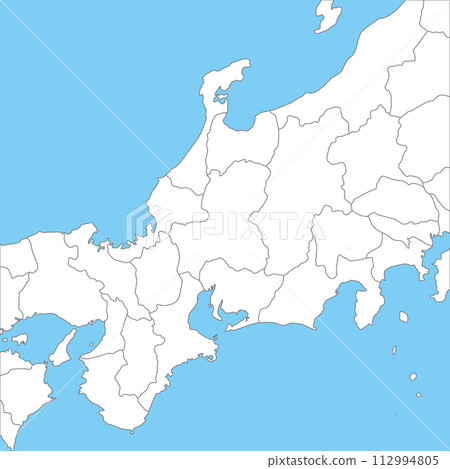 A simple blank map of the Kinki, Hokuriku, and Tokai regions, including prefectural boundaries 112994805