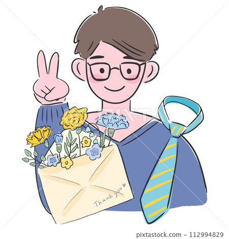 Father's Day, smiling man with carnation and tie, simple hand drawn illustration 112994829