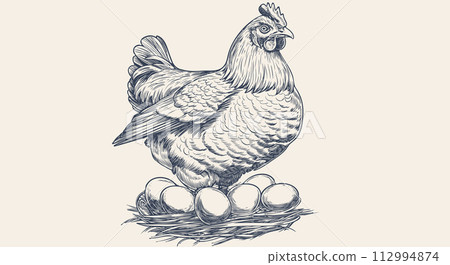Chicken, hen with nest, eggs. Vintage retro print, chicken eggs sketch ink pencil style drawing, engrave old school. Sketch artwork silhouette chicken with nest, eggs. Vector Illustration Chicken, hen with nest, eggs. Vintage retro print, chicken eggs sketch ink pencil style drawing, engrave old school. Sketch artwork silhouette chicken with nest, eggs. Vector Illustration 112994874