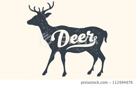 Deer. Lettering, typography. Animal silhouette deer, lettering Deer. Creative graphic design. Vintage poster, drawing, typography banner, hand drawn wild symbol, t-shirt print. Vector Illustration 112994876