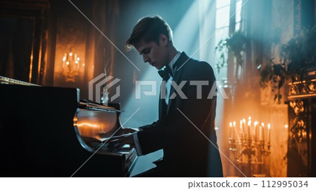 young talented male in formal suit professionally play piano. classical music performer practice playing piano before performance 112995034