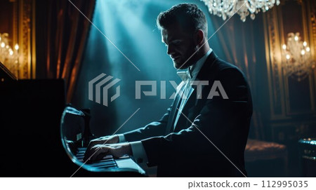 young talented male in formal suit professionally play piano. classical music performer practice playing piano before performance 112995035