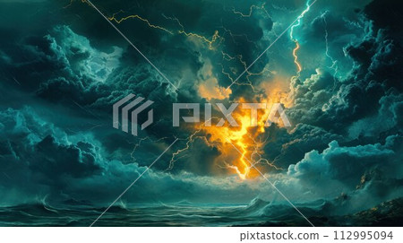 Lightning thunderstorm flash over the night sky. Concept on topic weather, cataclysms (hurricane, Typhoon, storm 112995094