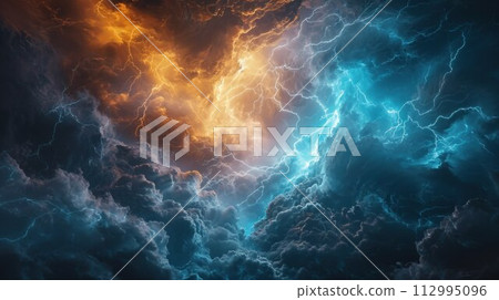 Lightning thunderstorm flash over the night sky. Concept on topic weather, cataclysms (hurricane, Typhoon, storm 112995096