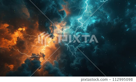 Lightning thunderstorm flash over the night sky. Concept on topic weather, cataclysms (hurricane, Typhoon, storm 112995098