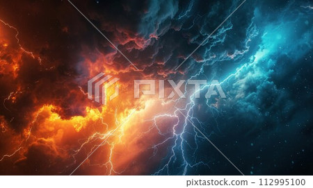 Lightning thunderstorm flash over the night sky. Concept on topic weather, cataclysms (hurricane, Typhoon, storm Lightning thunderstorm flash over the night sky. Concept on topic weather, cataclysms (hurricane, Typhoon, storm 112995100